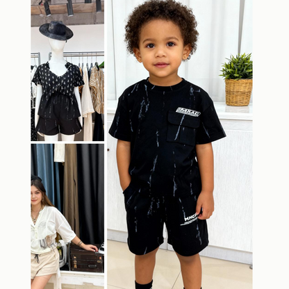 Thunder Streak Cargo Shorts Co-ord Set (Black with lightening like White streaks)