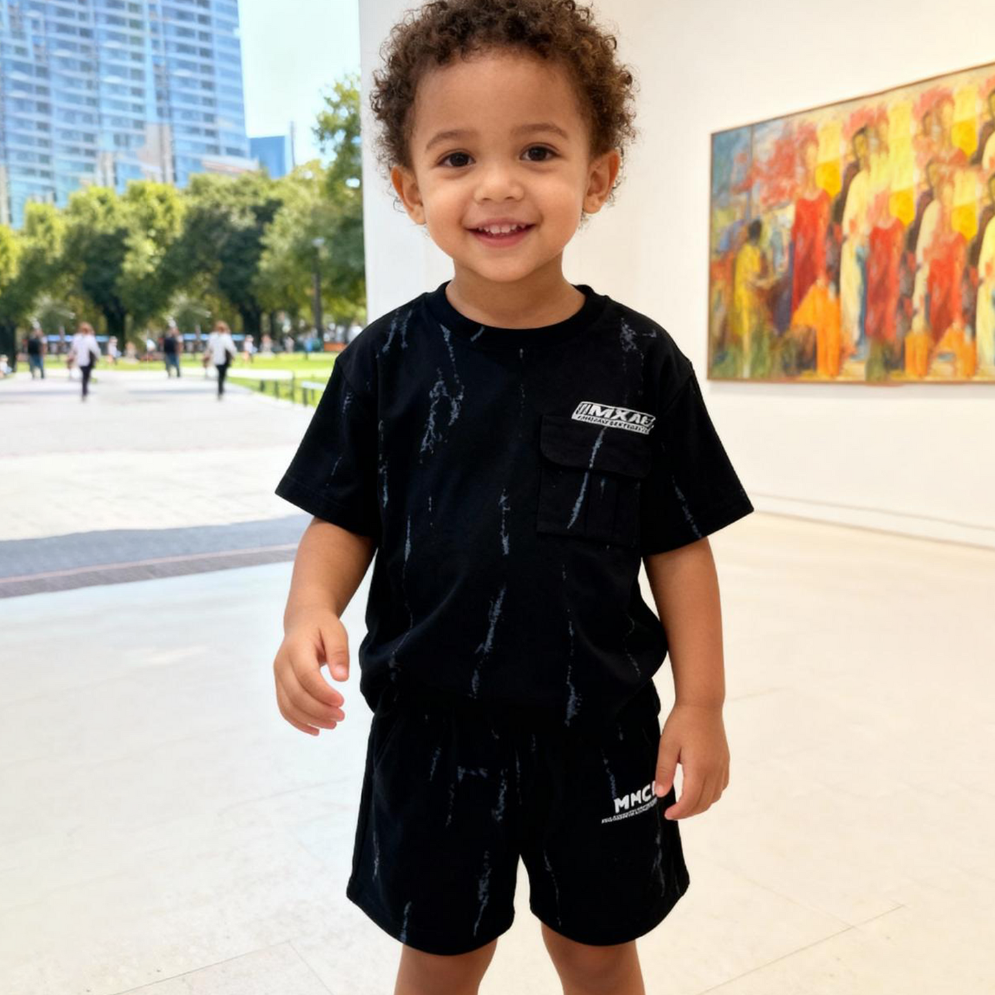 Thunder Streak Cargo Shorts Co-ord Set (Black with lightening like White streaks)