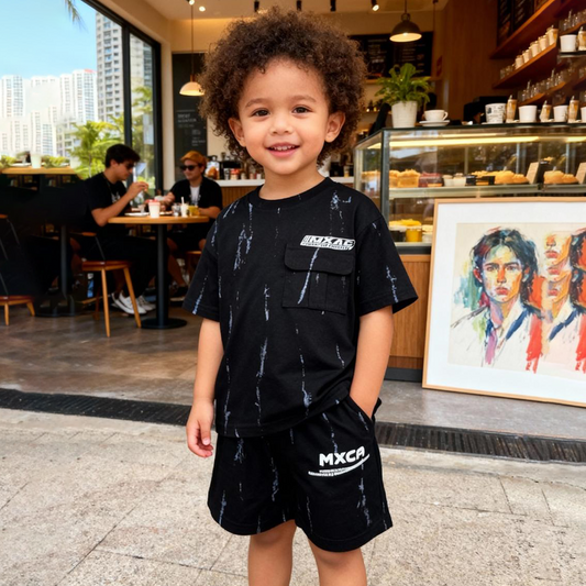 Thunder Streak Cargo Shorts Co-ord Set (Black with lightening like White streaks)