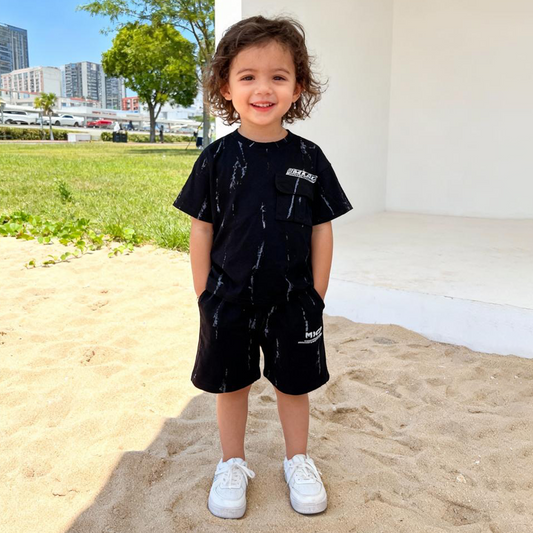 Thunder Streak Cargo Shorts Co-ord Set (Black with lightening like White streaks)