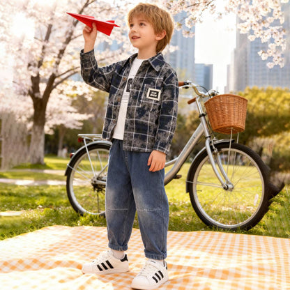 Urban Plaid Denim Co-ord 3 piece Set (Blue with Gray)