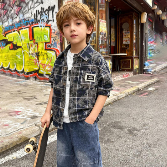 Urban Plaid Denim Co-ord 3 piece Set (Blue with Gray)