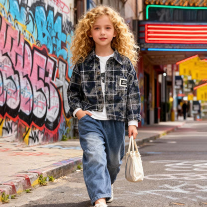 Urban Plaid Denim Co-ord 3 piece Set (Blue with Gray)