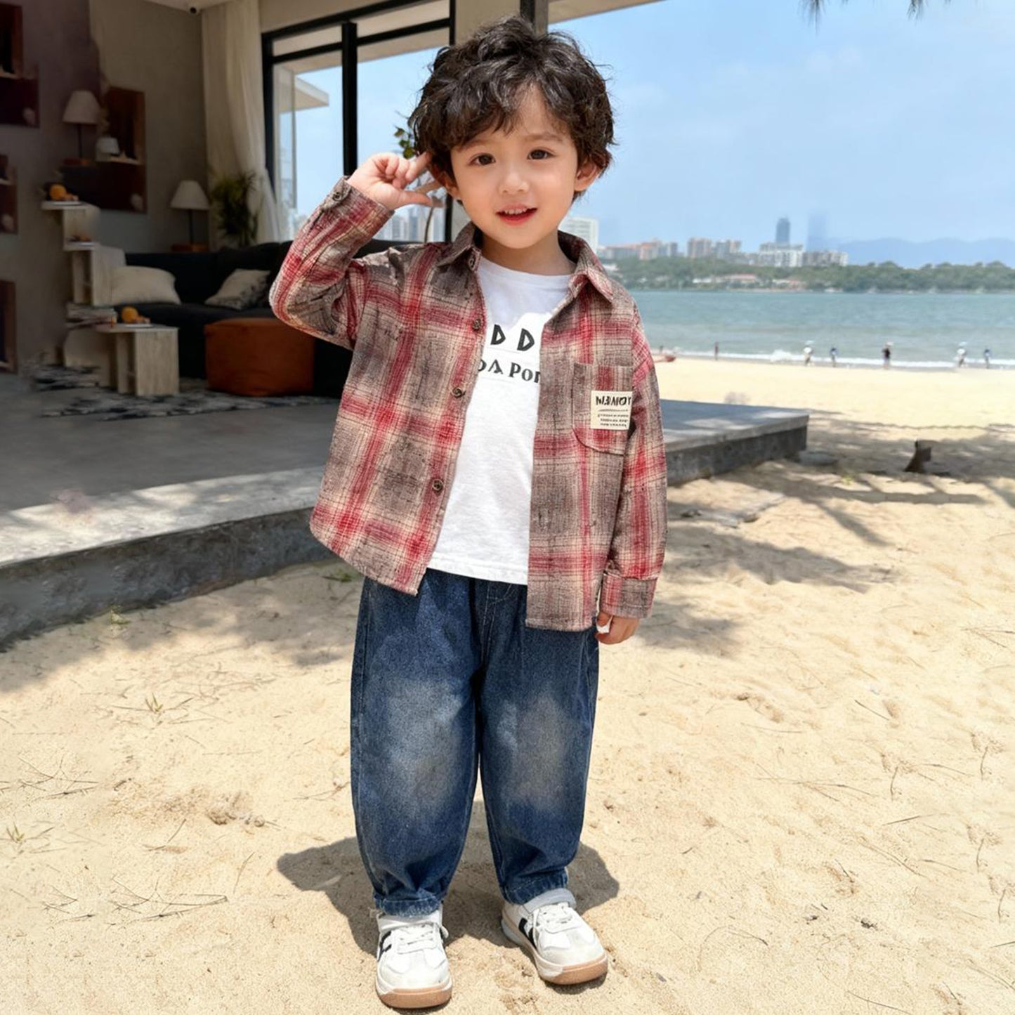 Vintage Check Shirt 3 piece set (Red & Gray shirt with jeans)