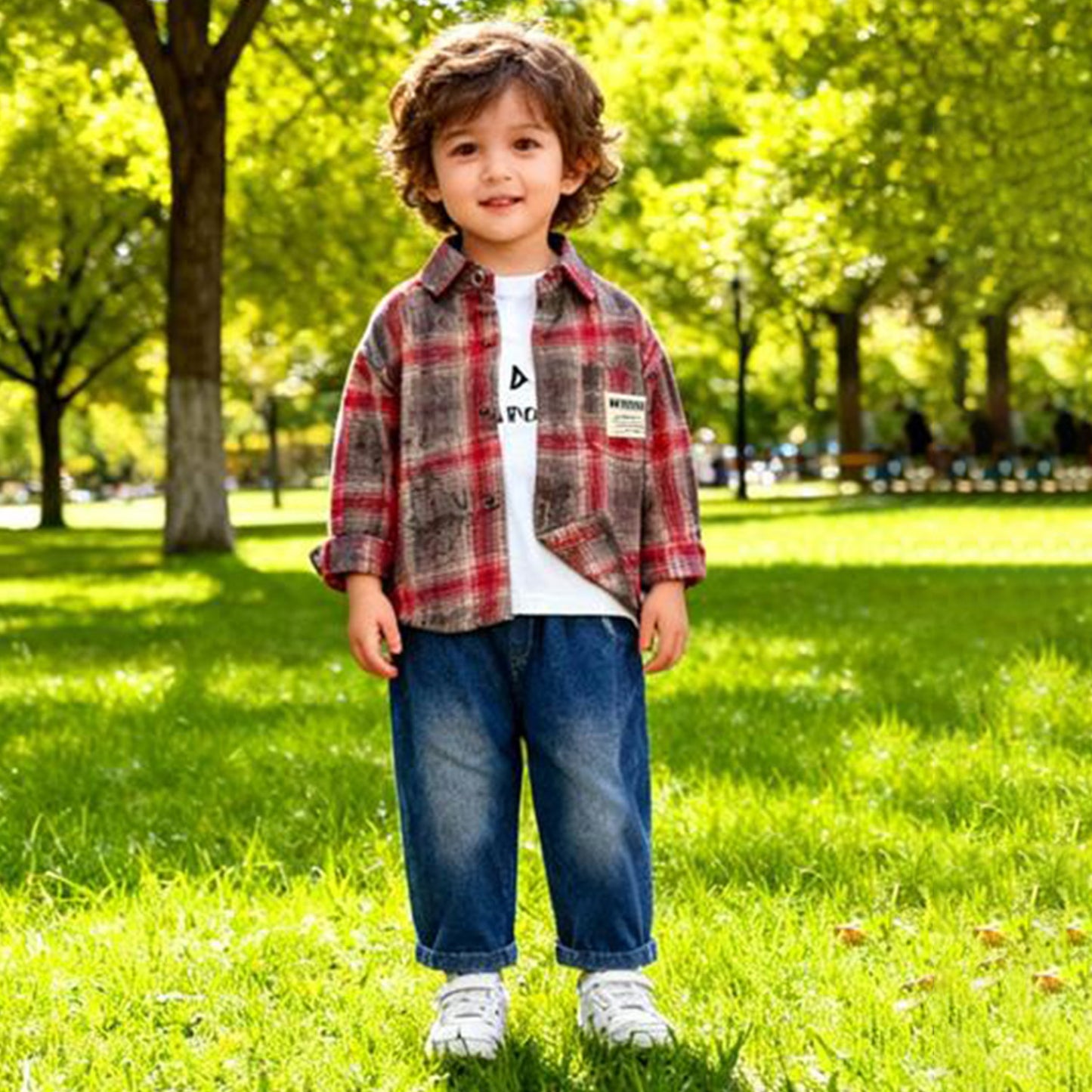 Vintage Check Shirt 3 piece set (Red & Gray shirt with jeans)