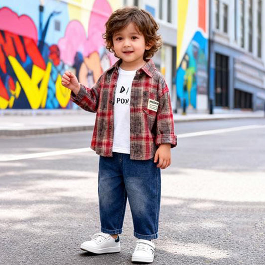 Vintage Check Shirt 3 piece set (Red & Gray shirt with jeans)