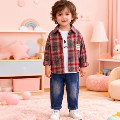 Vintage Check Shirt 3 piece set (Red & Gray shirt with jeans)