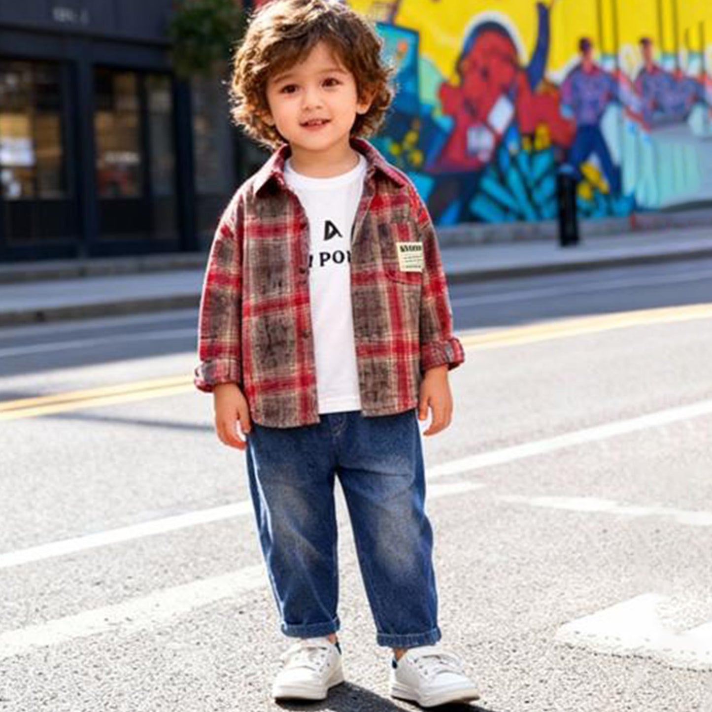 Vintage Check Shirt 3 piece set (Red & Gray shirt with jeans)