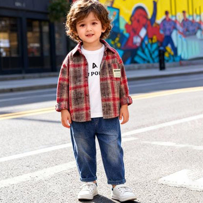 Vintage Check Shirt 3 piece set (Red & Gray shirt with jeans)