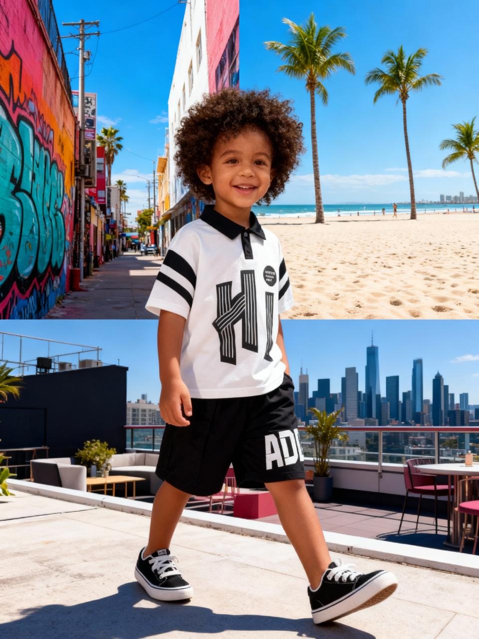 Monochrome “Hi” Polo Shorts Co-ord Set (White- Collar T-shirt)